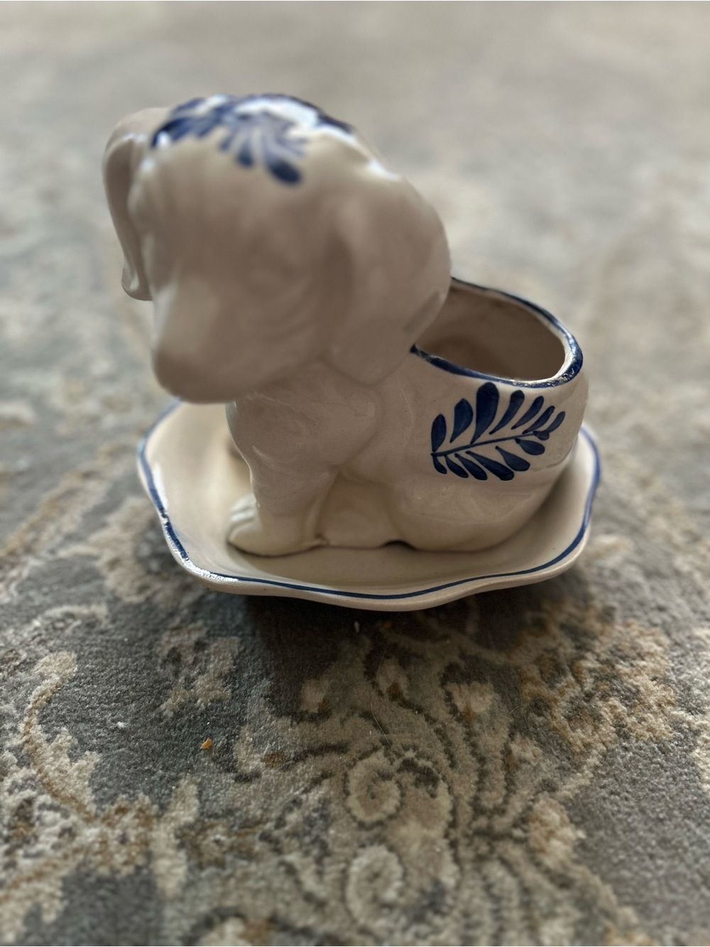 Vintage Ceramic White and Blue Dachshund Planter with Saucer